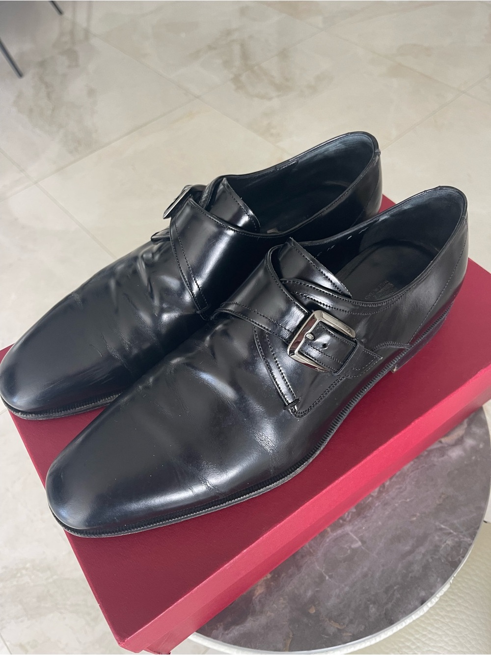 💯 authentic Salvatore Ferragamo Black Single Monk Strap Leather Shoes I